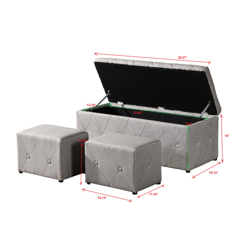 Meuble de rangement rectangulaire avec 2 poufs en lin beige, coussins confortables garnis de mousse, style moderne pour chambre, salon, balcon, gain de place, sièges supplémentaires pour les fêtes et réunions de famille.