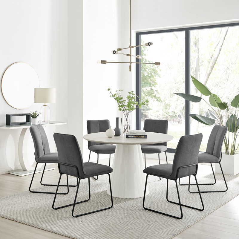 Edzard Statement 6 Person Round Dining Table Set in Luxury Stone Effect - Fabric Dining Chairs, Dark Grey/Black