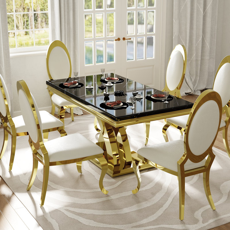 Ensemble de table de salle à manger luxueux en faux marbre et or noir avec 6 chaises en cuir blanches, Blanc / Doré, Doré
