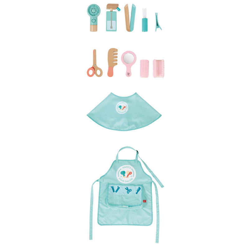 Hape: ensemble de salon de coiffure très élégant - 15 pièces, ensemble de jouets bleu sarcelle et rose, tablier de coiffeur et accessoires de coiffage en bois, sèche-cheveux, jeu de société, enfants de 3 ans et plus