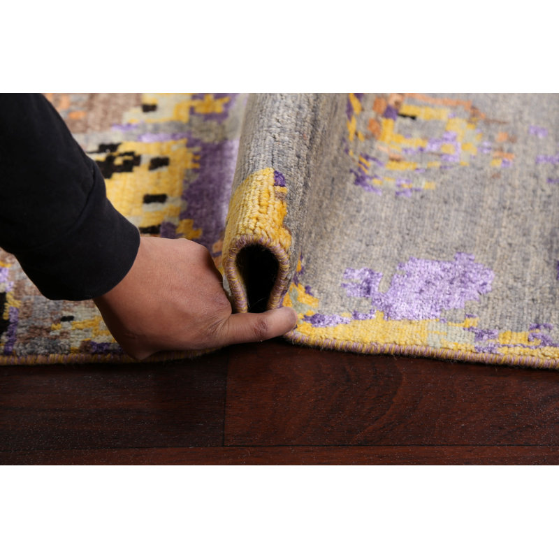 Tapis unique pêche / mauve / doré / brun noué à la main de conception unique 4 pi 2 po x 6 pi 3 po