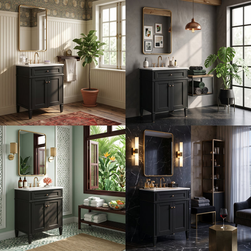 Modern 24" White Freestanding Bathroom Vanity With Ceramic Sink, Tip-Out Drawer & 2 Soft-Close Doors With Organizers, Black