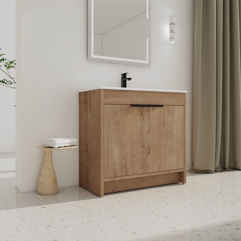 Oretha 35.9 " W Freestanding Standard Free Standing Single Double Single Vanity Bathroom Vanity With Ceramic Top