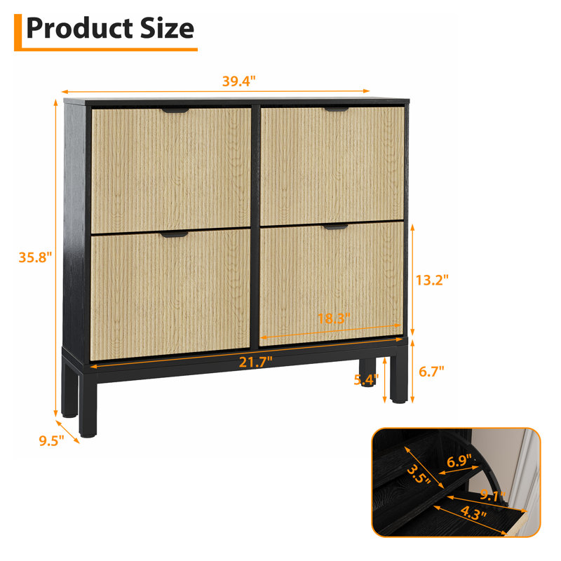 Fluted Shoe Cabinet with 4 Flip Drawers, Modern Narrow Shoe Storage Cabinet for Entryway, Freestanding Hidden Shoe Rack, Farmhouse Shoe Organizer for Front Door, Black+Oak
