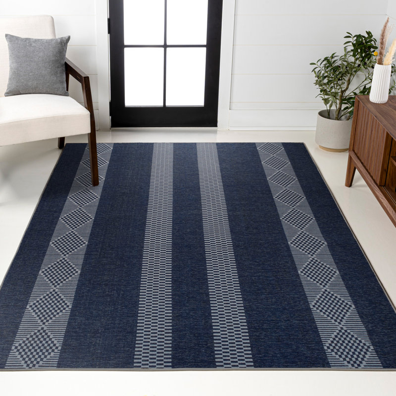 Braylyn Trellis Stripe Machine-Washable Navy/Gray Rug, Rectangle 3'11" x 6'