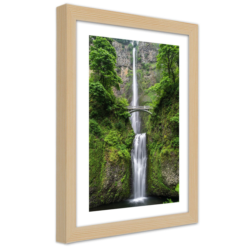 Natura Forest Waterfall Bridge - Single Picture Frame Print, 90cm H x 60cm W, Tan