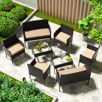 8-Piece Outdoor Patio Furniture Set, Black All-Weather Wicker Rattan Conversation Sofa with Cushions & 2 Glass Coffee Tables, Weather Resistant Sectional for Backyard, Porch, Poolside(Brown-Red)