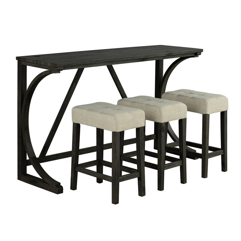 Ensemble de salle à manger brun / beige 4 pièces transitionnel - table étroite l 59 po avec charge USB-A et USB-C, tabourets capitonnés et design compact