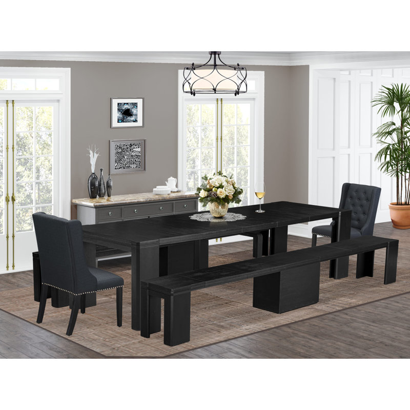 5-piece Modern Dining Table Set a Rectangular Dining Table and 2 wooden Benches and 2 Black Linen Fabric kitchen Chair, Wire Brushed Black
