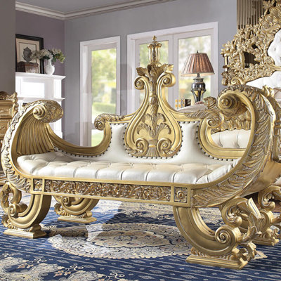 Metallic Gold Carved Wood Ivory Leather Tufted Crowned Bedroom Bench Luxury