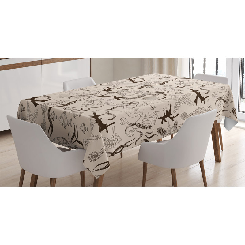 Ambesonne Beige Tablecloth, Contemporary Illustration Of Marine Animals In Retro Style Octopus Crab Seahorse Art, Rectangular Table Cover For Dining Room Kitchen Decor, 60" X 84", Beige Brown