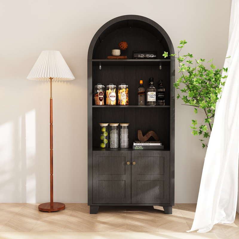 Bibliothèque arquée de 70,9 po de hauteur avec tablettes ouvertes et portes, armoire de rangement, Noir