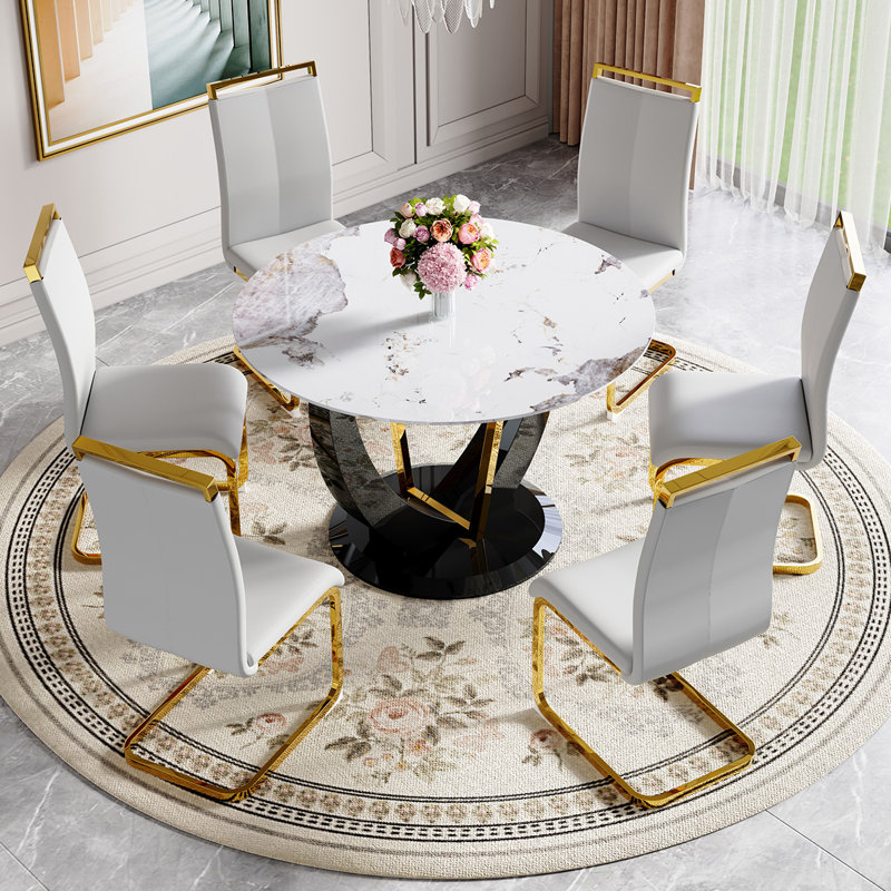 Ensemble de table ronde, 7 pièces : table, 6 chaises, Gris clair
