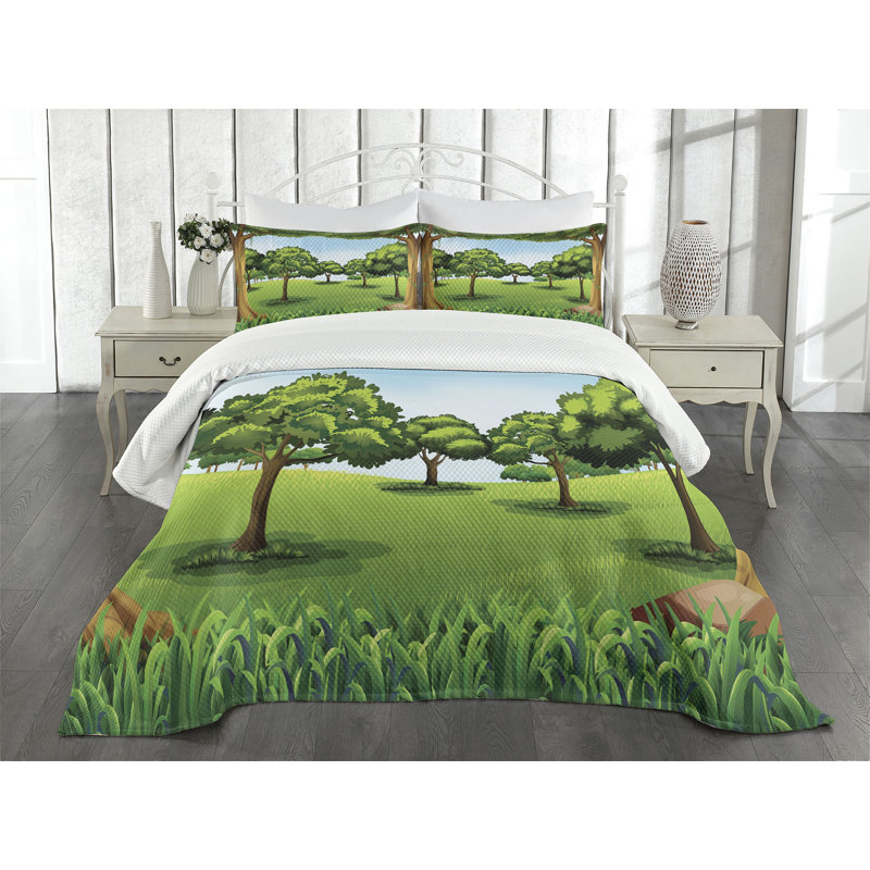 Ambesonne Forest Bedspread Set Nature Scene Summer Green Pale Blue Caramel, King Bedspread + 2 Standard Shams