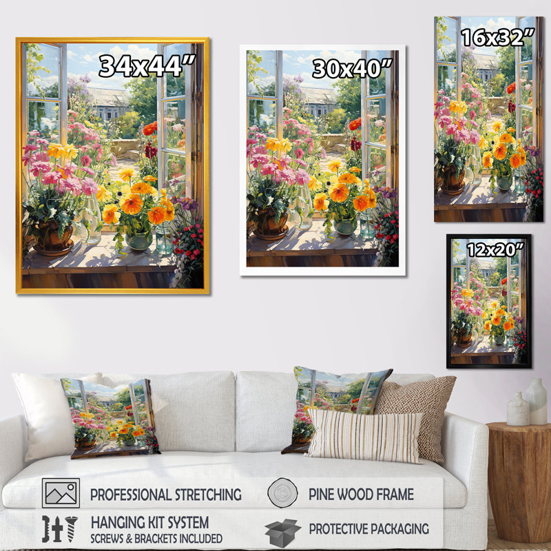 Fleurs d'été, vue de fenêtre à la ferme I - Art mural de fenêtre floral, Cadre flottant noir, H 32 po x l 24 po
