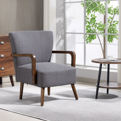 Chaise d'appoint, fauteuil en tissu de lin avec pieds en bois, gris foncé