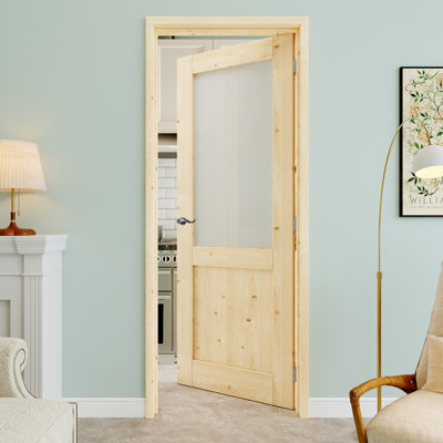 Porte intérieure pré-suspendue en bois de pin et verre givré 30 po x 80 po avec levier incurvé et charnières argentées, dalle de porte d'intimité en verre, à peindre et imperméable, combinaison pour la lessive, portes de placard, portes de pièce, droite