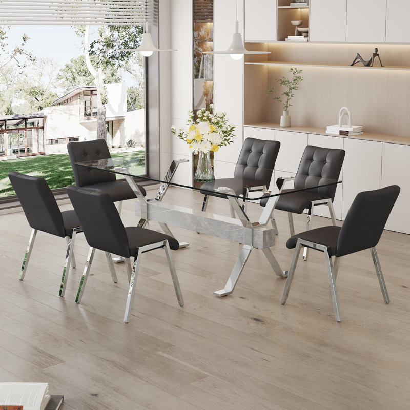 Ensemble de table de salle à manger, Argent/blanc, Noir, 7