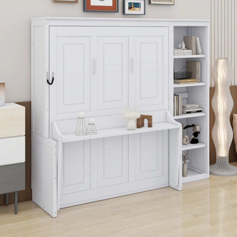 Lit escamotable avec bureau et bibliothèque Murphy, White, Grand lit
