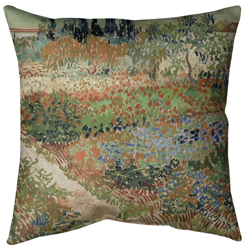 Coussin Euro Â« Jardin fleuri avec sentier Â», Orange, Faux lin