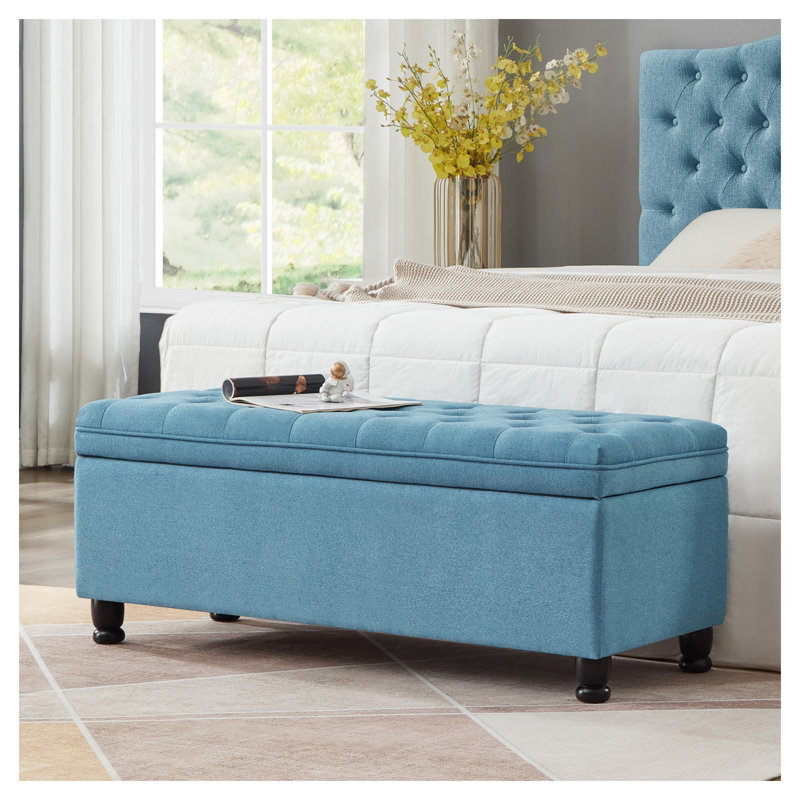 Banc de rangement rembourré capitonné avec tissu en lin, siège d'entrée bleu clair avec compartiment intérieur et pieds en bois d'hévéa