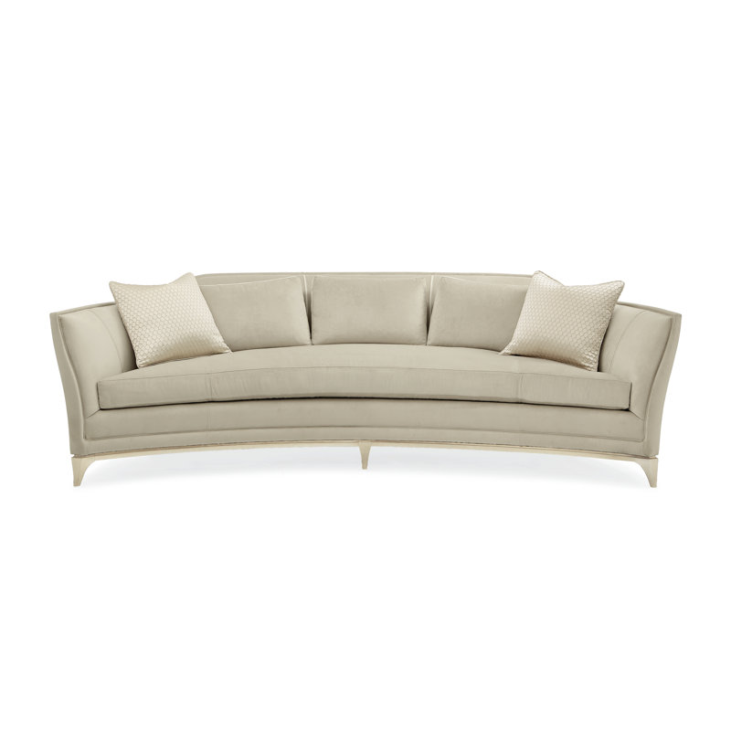 Beige Velvet Crescent-Shaped Sofa with Wood Base