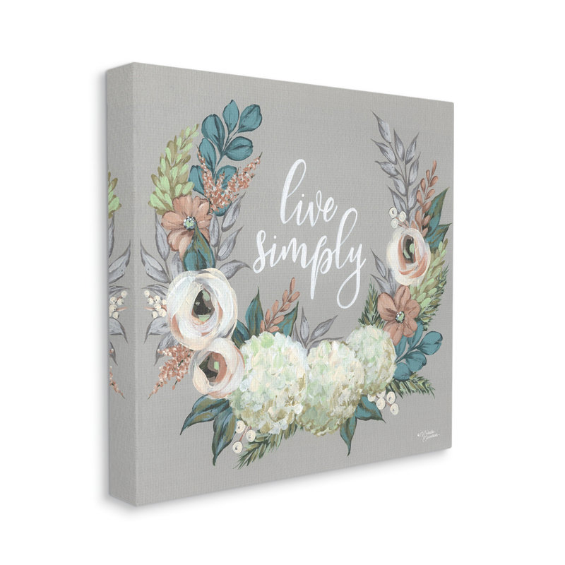 «Live Simply Sentiment Blooming Flower Wreath» par Michele Norman - impression, Toile tendue, H 24 po x l 24 po x P 1,5 po