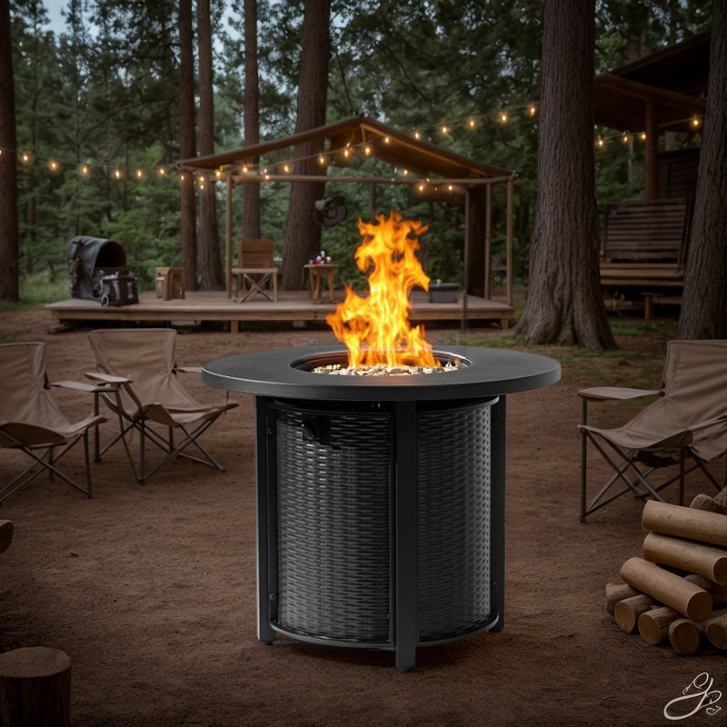 Odynn 25" H x 32" W Outdoor Round Propane Fire Pit Table with Cover Lid and Wicker base for Hideaway Gas Tank Seat 50000BTU