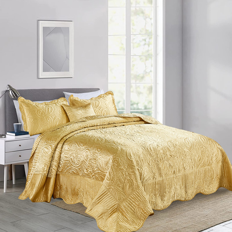 4 Piece Quilted Satin Bedspread Set, Gold, Queen Quilt + 2 Queen Shams + Throw Pillow
