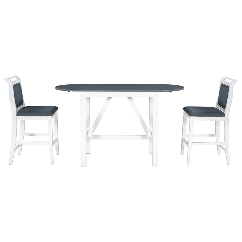 Ensemble de salle à manger 3 pièces à hauteur de comptoir en bois avec 2 chaises rembourrées pour petits espaces, blanc et gris