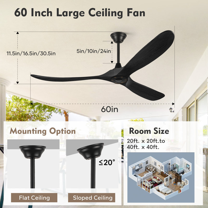 Ventilateur de plafond moderne en bois massif 3 pales avec télécommande, Noir, 60"