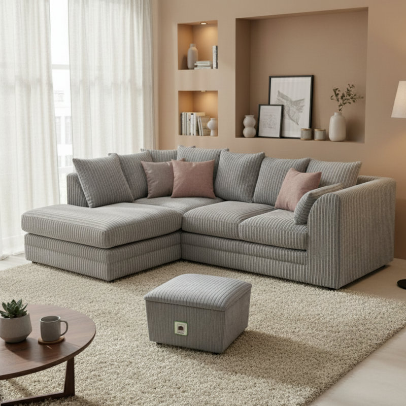 Jumbo Cord Upholstered Corner Sofa Small Back Cushion with Foot Stool , Silver, Left Hand Facing