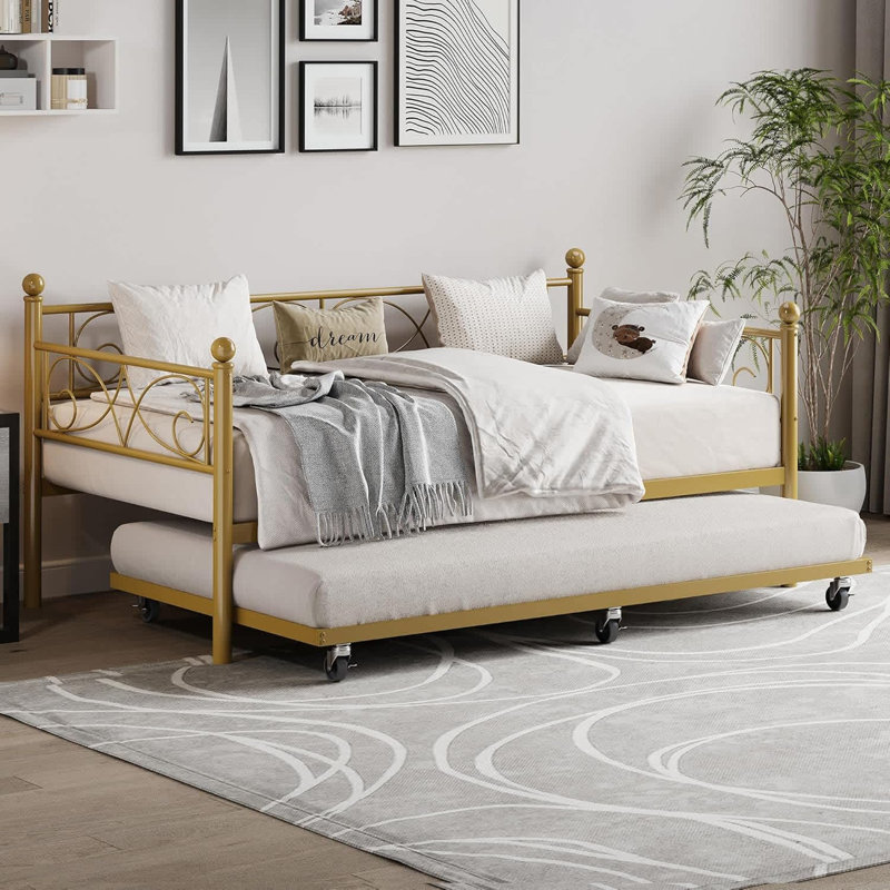 Twin Size Modern Metal Daybed Frame With Trundle Floral Headboard Heavy Duty Steel Slats Pull Out Trundle For Bedroom And Living Room
