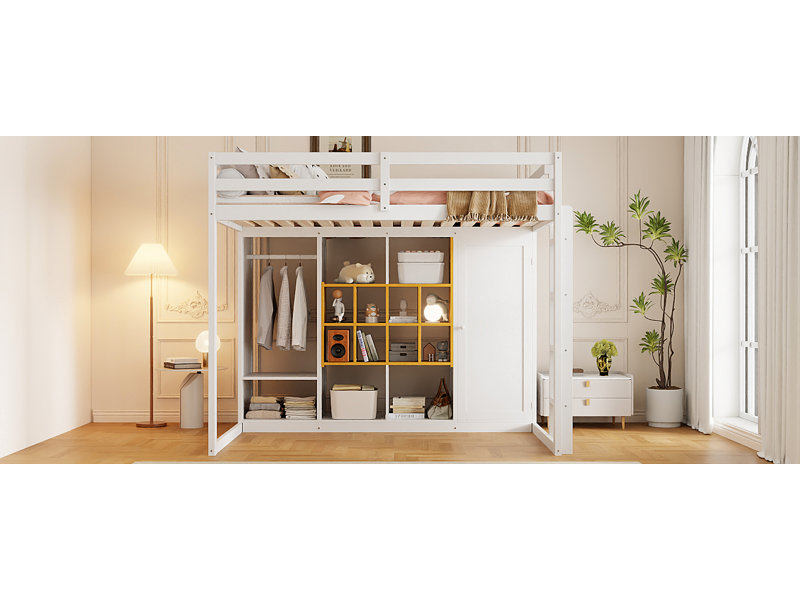 Lit mezzanine cubique moderne avec garde-robe et tablettes, bois et lattes robustes, Double, Blanc