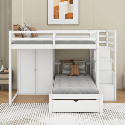 Lit superposé double au-dessus de simple avec garde-robe et tiroirs