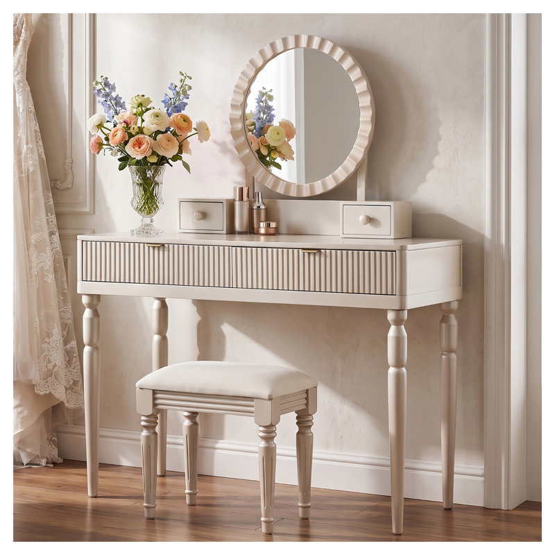 Coiffeuse de champagne avec miroir rond, table de maquillage réglable en hauteur avec 4 tiroirs et tabouret, meuble de maquillage en bois massif et MDF pour chambre à coucher