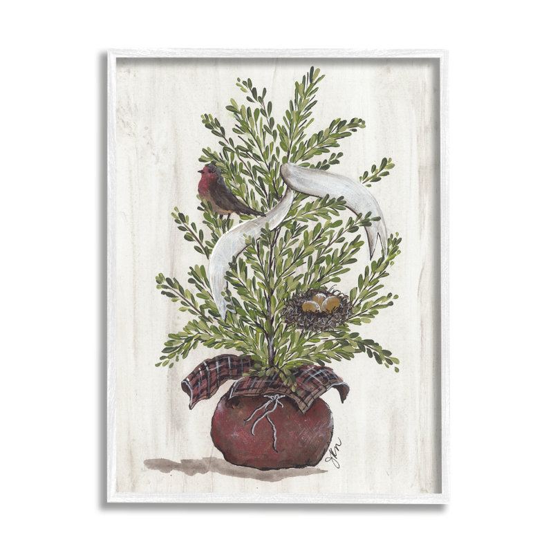 «Rustic Bird & Nest» saisonnier arbre en pot noir, estampe numérique encadrée, art par Julie Norkus