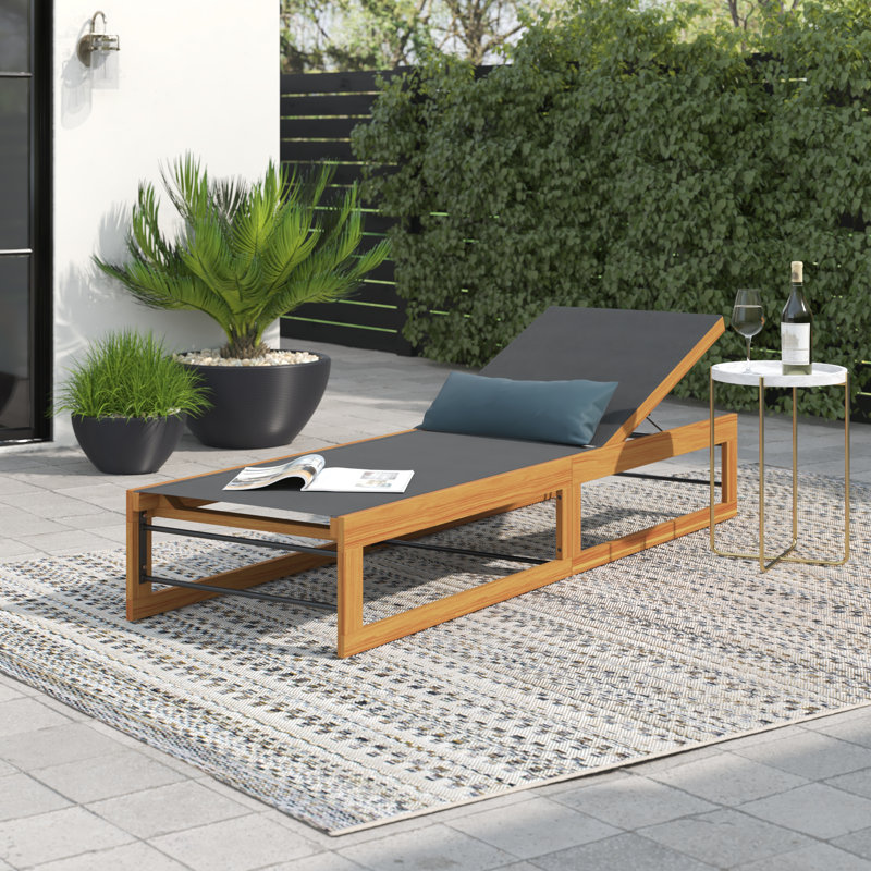 Arvada Outdoor Wood Chaise Lounge, Mint Green Mesh/Teak Frame, 1