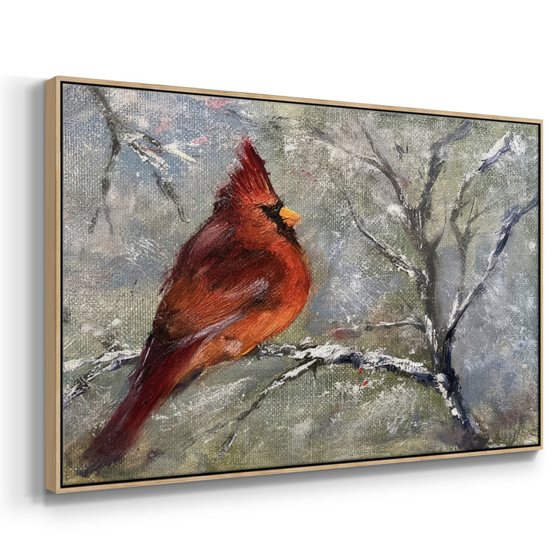 «Cardinal in Snow II», toile tendue avec châssis, H 27 po x l 41 po x P 1,5 po, Cadre naturel flottant