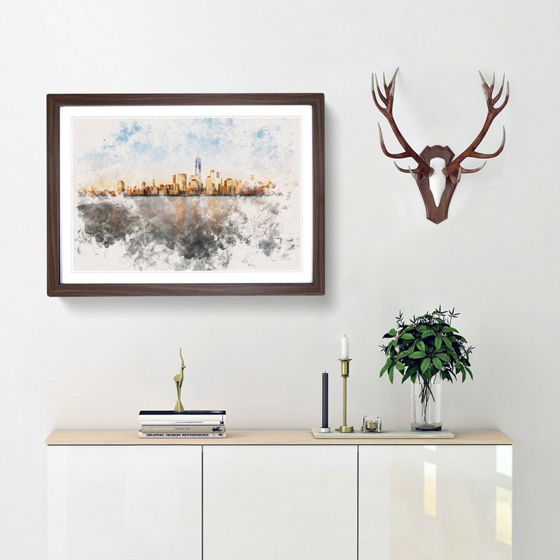 The New York Skyline - Picture Frame Painting Print, 62cm H x 87cm W x 2cm D, Walnut Framed