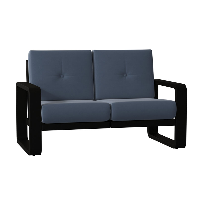 Vale 58.5'' Wide Aluminum Loveseat with Cushions, Spectrum Denim Sunbrella® Plainweave, Textured Black