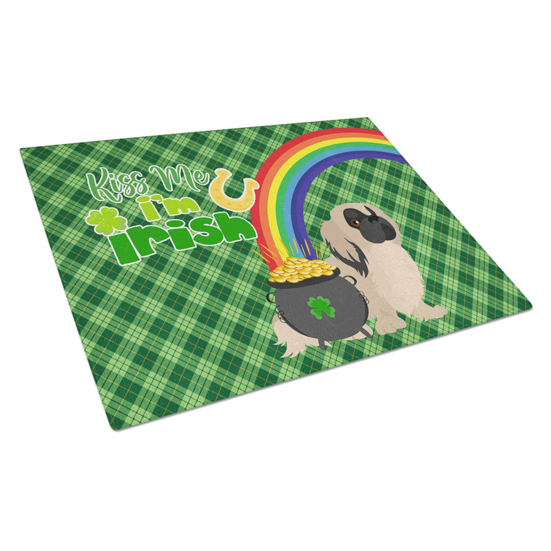 Planche à découper en verre crème Pekingese St. Patrick's Day - Grande planche de service et à découper en verre trempé avec pieds antidérapants