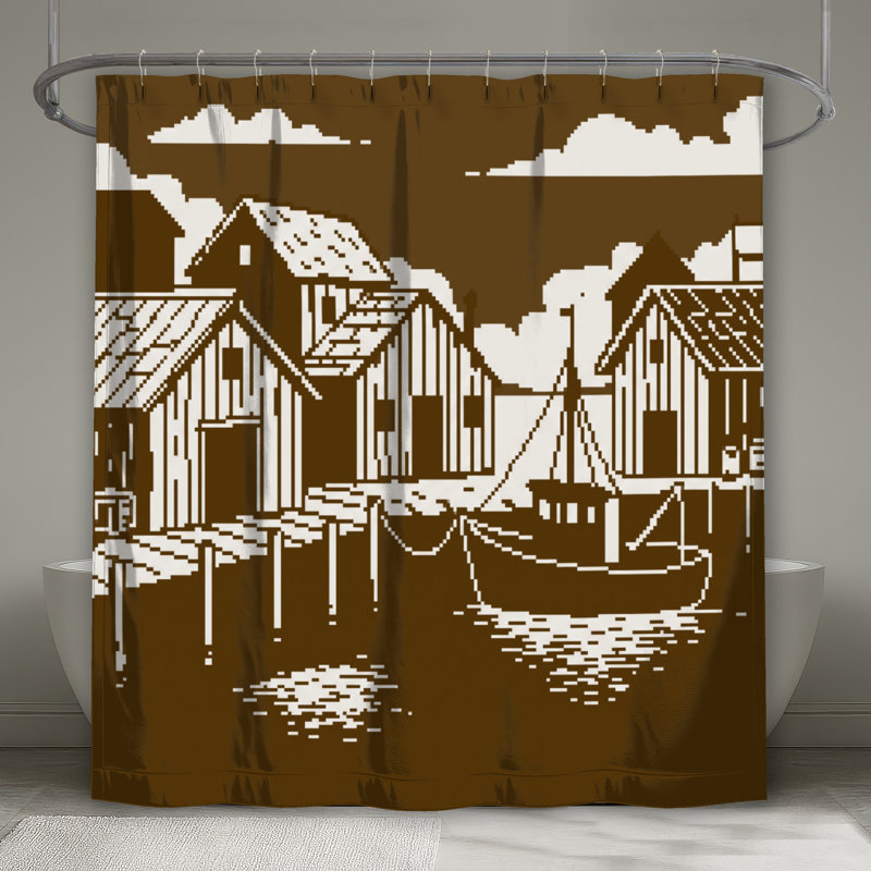 Rideaux de douche extra longs à motif pixel art de scène côtière, L 70 po x H 72 po, Medium Brown Light White