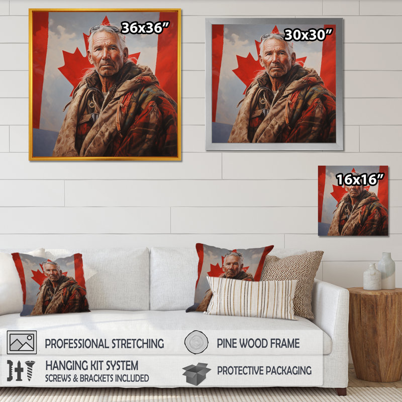Fier portrait d'homme canadien - drapeau Canada, art mural, H 30 po x l 30 po x P 1,5 po, Toile tendue