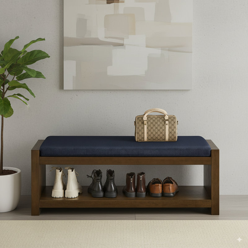 Accent Bench With Lower Shelf Shoe Rack, Padded Seating Bench, Navy Blue, 18.5" H x 47" W x 16.25" D