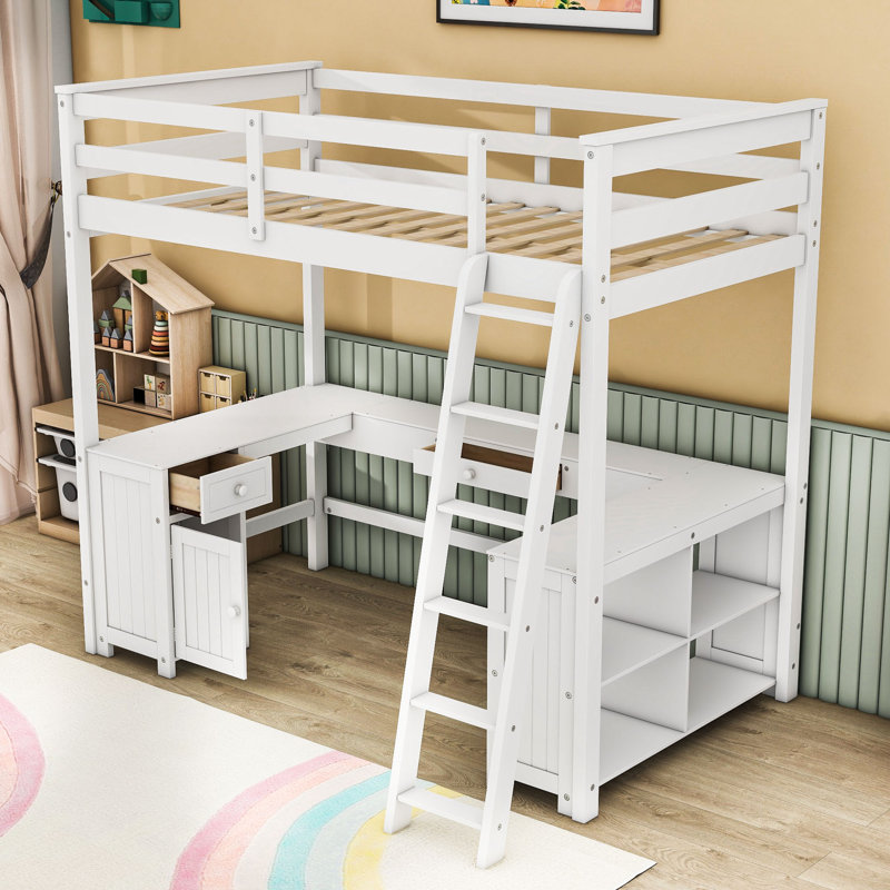 Lit mezzanine avec bureau en U et tablettes de rangement, Double, Blanc