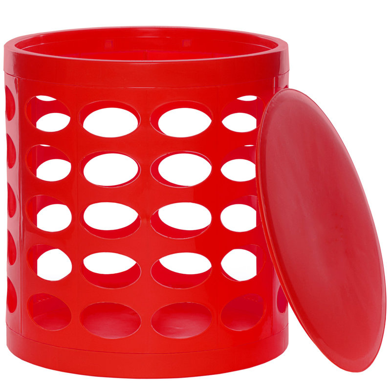 Tabouret de rangement Otto | Repose-pieds rond avec rangement en plastique et motif ovale perforé, Rouge
