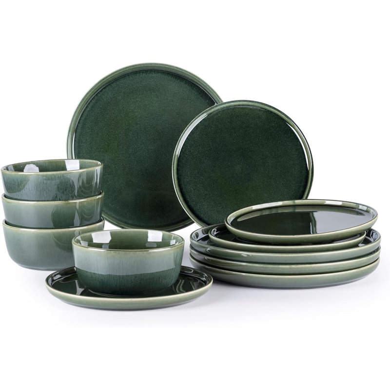 Reactive Glaze Earth Green Ceramic Dinnerware Set - 4 Person/12Pcs Stoneware Plates & Bowls, Scratch Resistant, Dishwasher & Microwave Safe