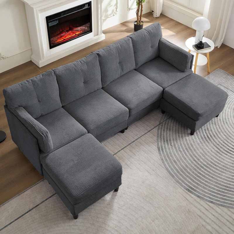 Ebern Designs Convertible U-shaped Sectional Sofa Couch, 4 Seat Upholstery Comfy Modular Sofa, Corduroy Fabric Sofa With Movable Ottoman For Small Apartments, Living Room, Office