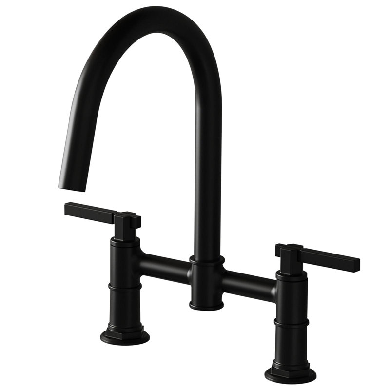 Modern Double Handle 2-Holes Deck Mount Bridge Kitchen Faucet With 360 Swivel Spout Sink Faucet, Matte Black
